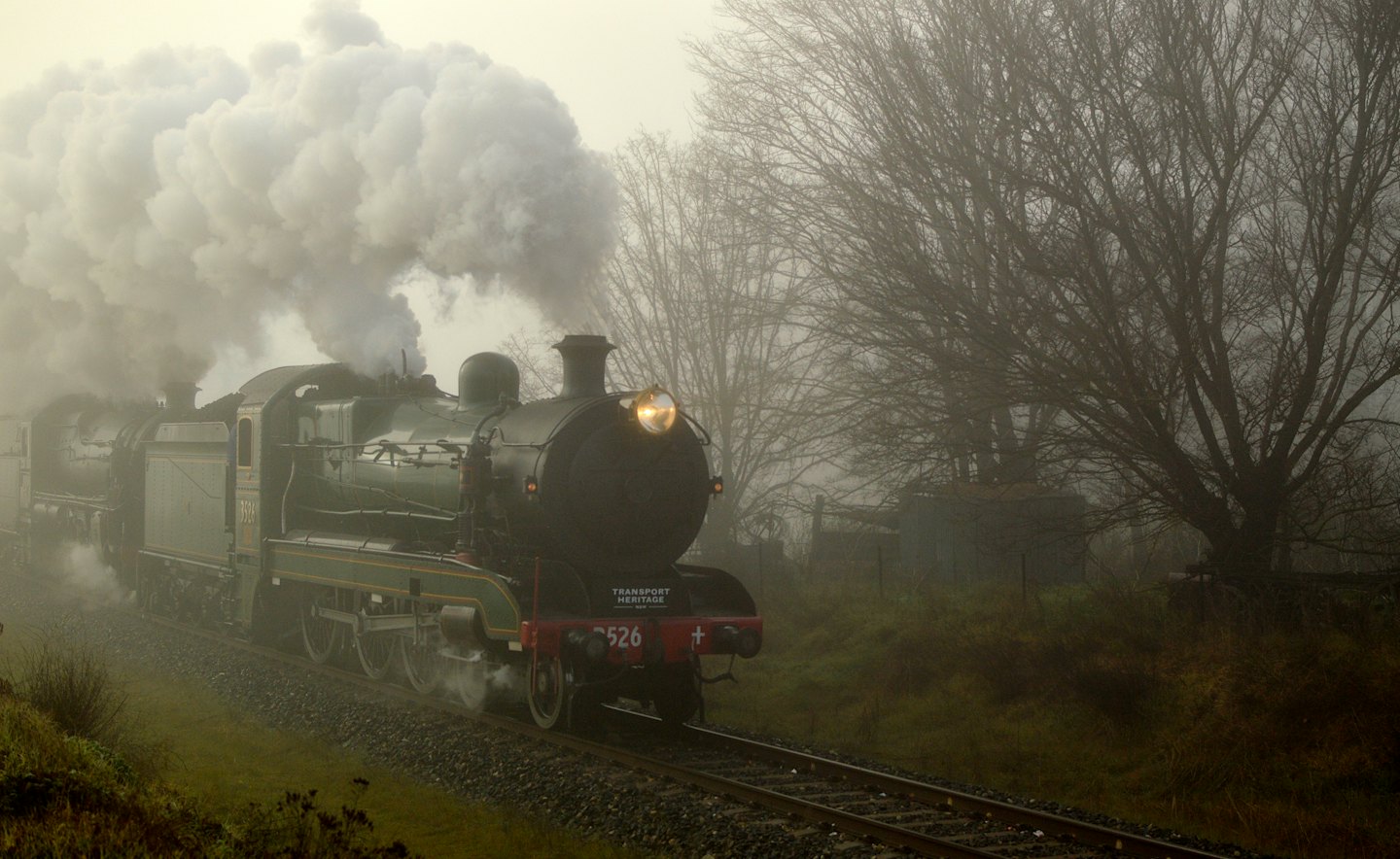 Grüne Dampflokomotive bläst Rauch durch eine neblige Landschaft.